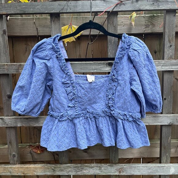 Cinq à Sept Mel Eyelet Ruffle Peplum Top – Periwinkle, Size Medium - Picture 2 of 4